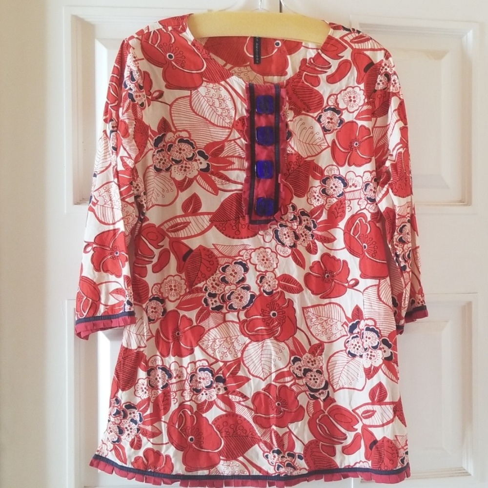 Kas Designs Tunic Floral W/Sea Glass Red/White